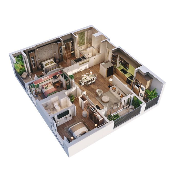 Phối cảnh 3D căn hộ 3 phòng ngủ